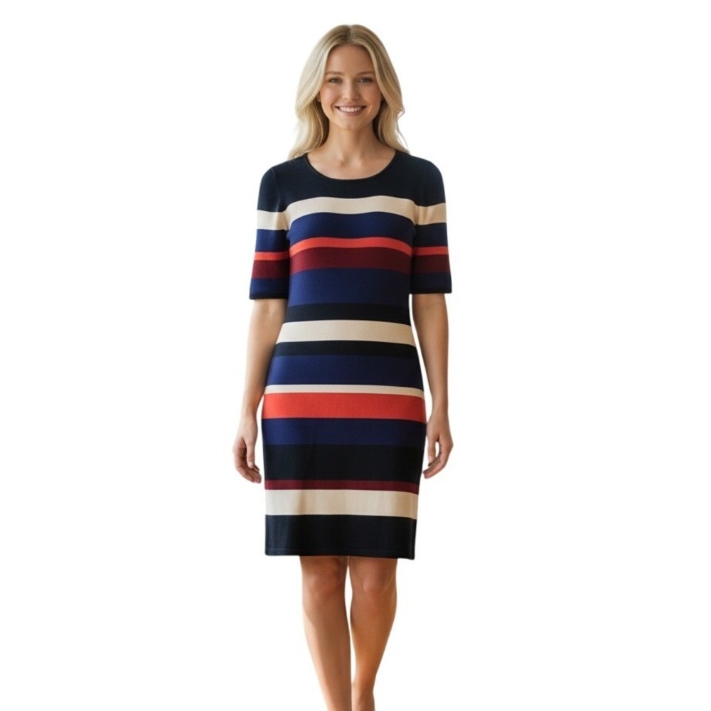 Ann Taylor Striped Sweater Dress Navy Blue‎ Red Cream Short Sleeve Sheath Small